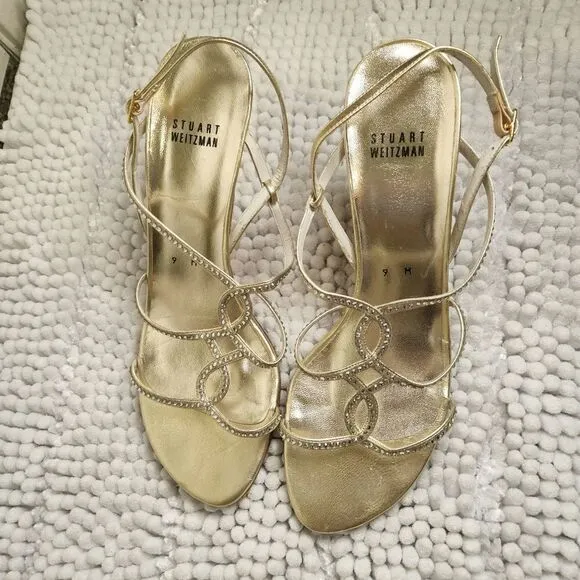 Stuart Weitzman Sandal Size 9M Gold Strappy Embellished Rhinestone Holiday