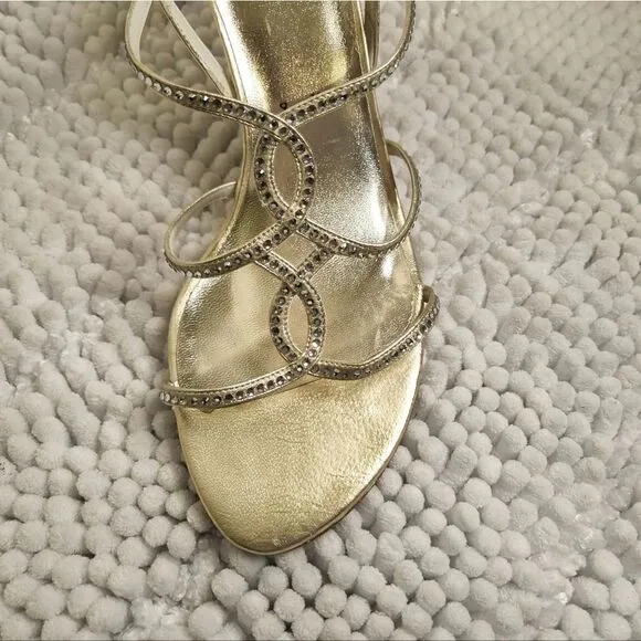 Stuart Weitzman Sandal Size 9M Gold Strappy Embellished Rhinestone Holiday