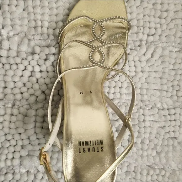 Stuart Weitzman Sandal Size 9M Gold Strappy Embellished Rhinestone Holiday