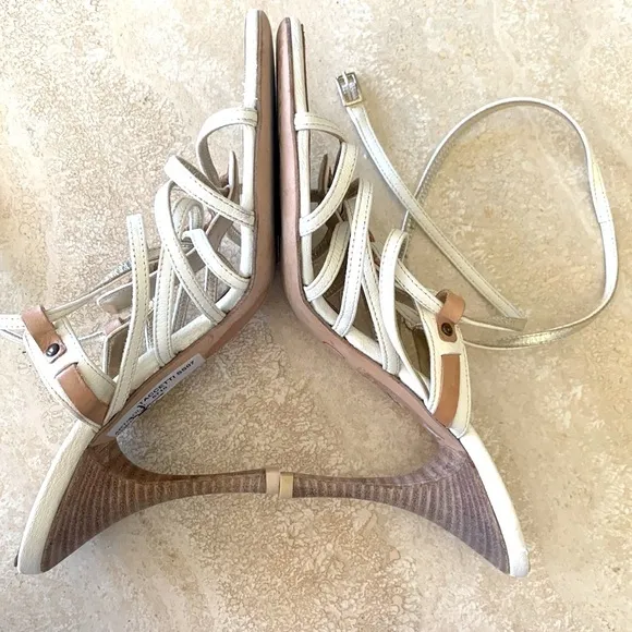 TACCETTI Italian leather strappy Sandals, stacked stiletto cream &amp; tan, 37 EUC