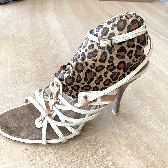 TACCETTI Italian leather strappy Sandals, stacked stiletto cream &amp; tan, 37 EUC