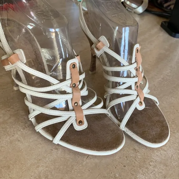 TACCETTI Italian leather strappy Sandals, stacked stiletto cream &amp; tan, 37 EUC
