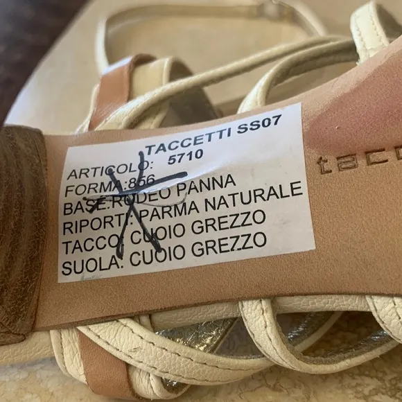 TACCETTI Italian leather strappy Sandals, stacked stiletto cream &amp; tan, 37 EUC