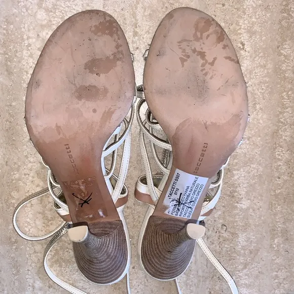TACCETTI Italian leather strappy Sandals, stacked stiletto cream &amp; tan, 37 EUC