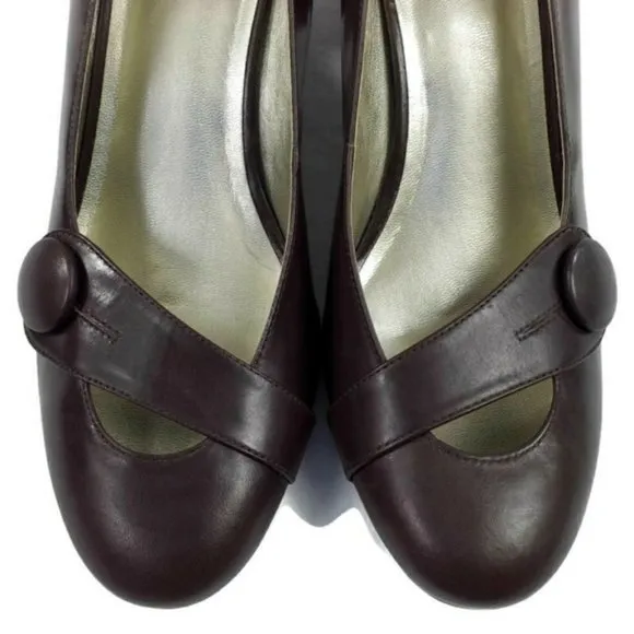 Talbots Brown Leather Button Detail Block Heel Loafer Pump Womens Size 10.5B