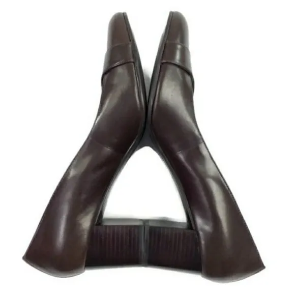 Talbots Brown Leather Button Detail Block Heel Loafer Pump Womens Size 10.5B