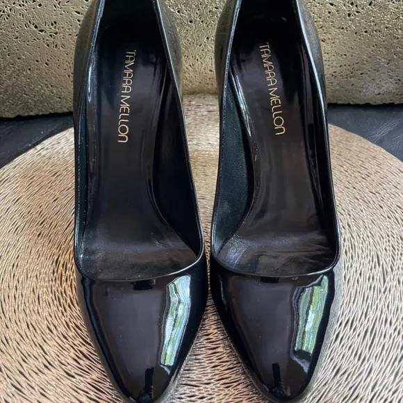 Tamara Mellon HEAVEN 105 Black Patent Leather Pumps Heels Shoes Size 38 New