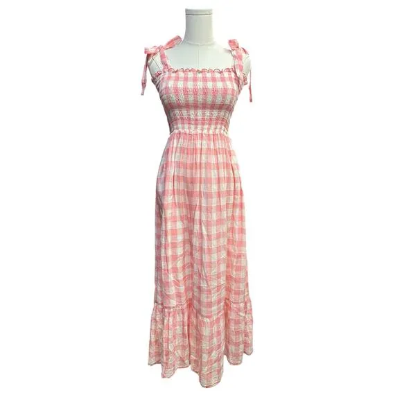 The Great Lagoon Dress Pink Gingham Smocked Linen Midi Dress