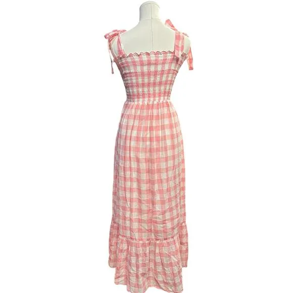 The Great Lagoon Dress Pink Gingham Smocked Linen Midi Dress