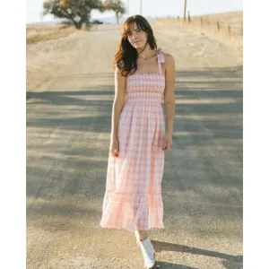 The Great Lagoon Dress Pink Gingham Smocked Linen Midi Dress