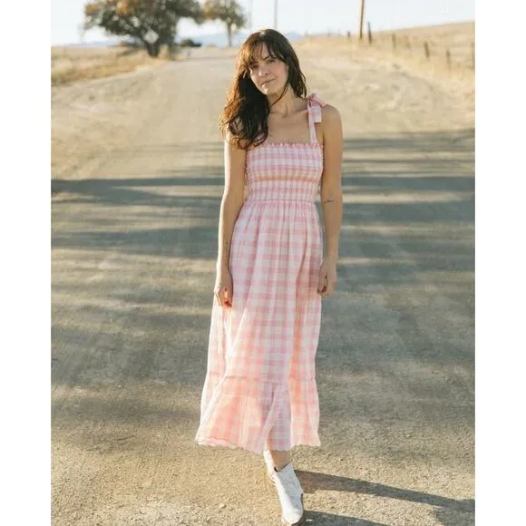 The Great Lagoon Dress Pink Gingham Smocked Linen Midi Dress