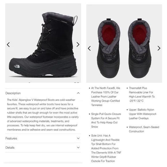 The north face youth boys Kids’ Alpenglow V Waterproof Boots