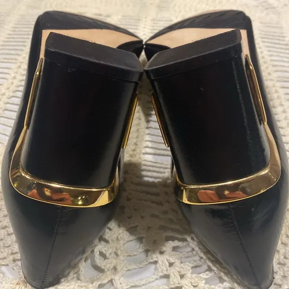 Timothy Hitsman Black Leather Shoes With Gold Accents Awesome Heels Size 9M.