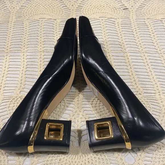 Timothy Hitsman Black Leather Shoes With Gold Accents Awesome Heels Size 9M.
