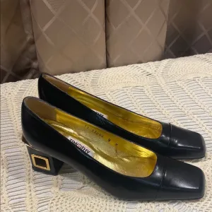 Timothy Hitsman Black Leather Shoes With Gold Accents Awesome Heels Size 9M.