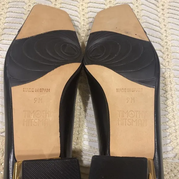 Timothy Hitsman Black Leather Shoes With Gold Accents Awesome Heels Size 9M.