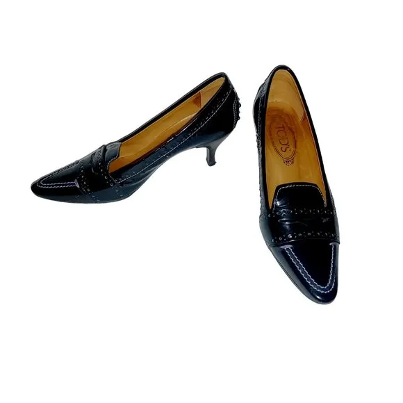 Tods Patent Leather Black High Heel Shoes Penny Loafer Pumps Size 6