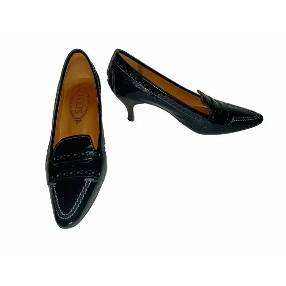 Tods Patent Leather Black High Heel Shoes Penny Loafer Pumps Size 6