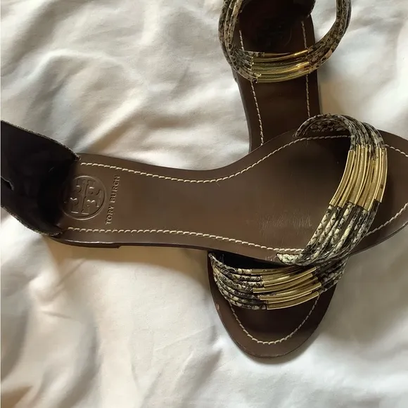 Tory Burch Metallic Brown and Gold Sandals with Ankle Strap