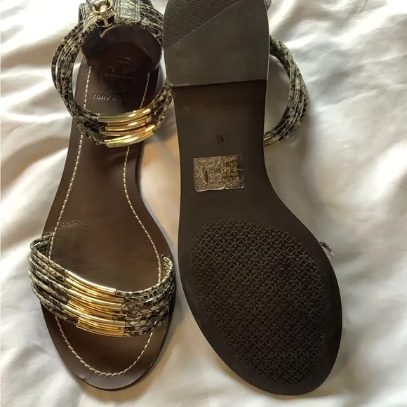 Tory Burch Metallic Brown and Gold Sandals with Ankle Strap
