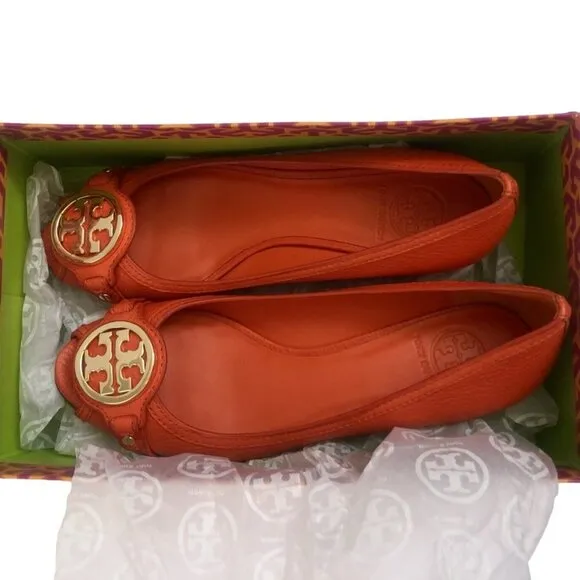 Tory Burch Shoes Leather Size 9 Leticia Open Toe Wedge poppy red orange