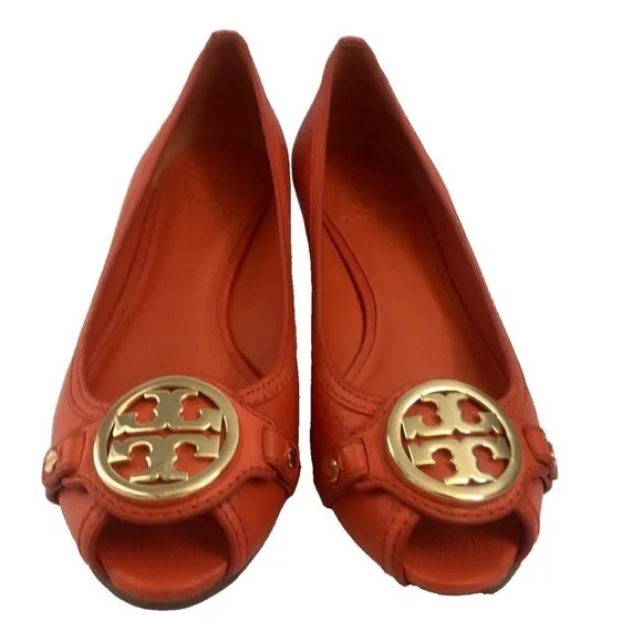Tory Burch Shoes Leather Size 9 Leticia Open Toe Wedge poppy red orange