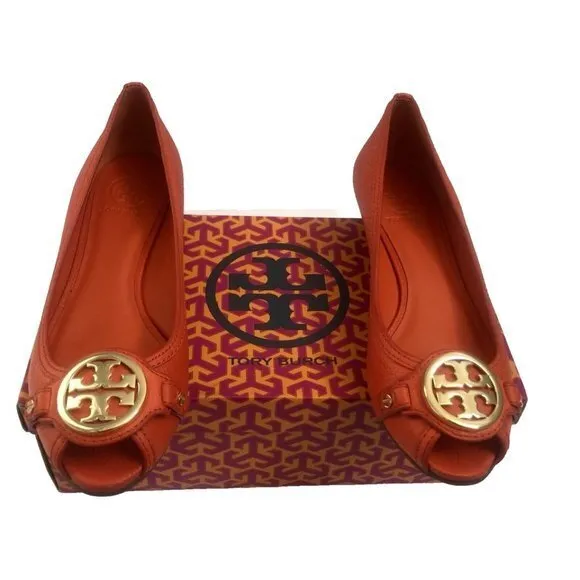 Tory Burch Shoes Leather Size 9 Leticia Open Toe Wedge poppy red orange