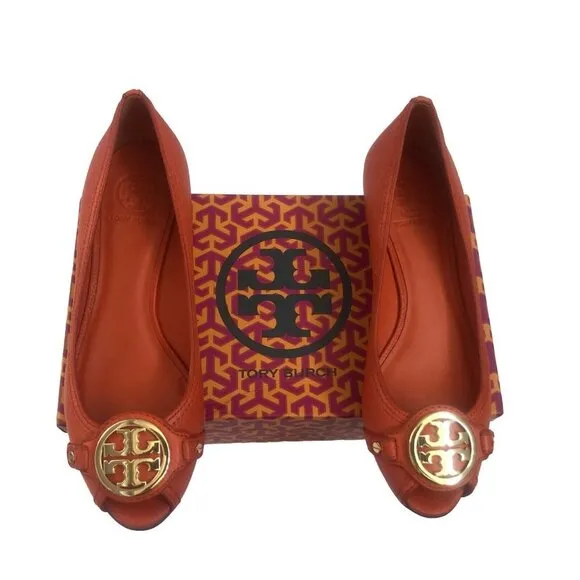 Tory Burch Shoes Leather Size 9 Leticia Open Toe Wedge poppy red orange