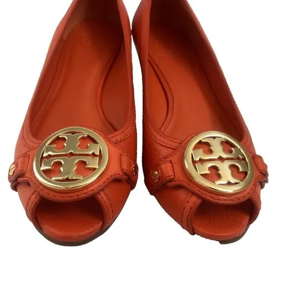 Tory Burch Shoes Leather Size 9 Leticia Open Toe Wedge poppy red orange