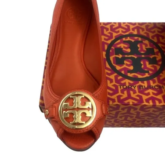 Tory Burch Shoes Leather Size 9 Leticia Open Toe Wedge poppy red orange