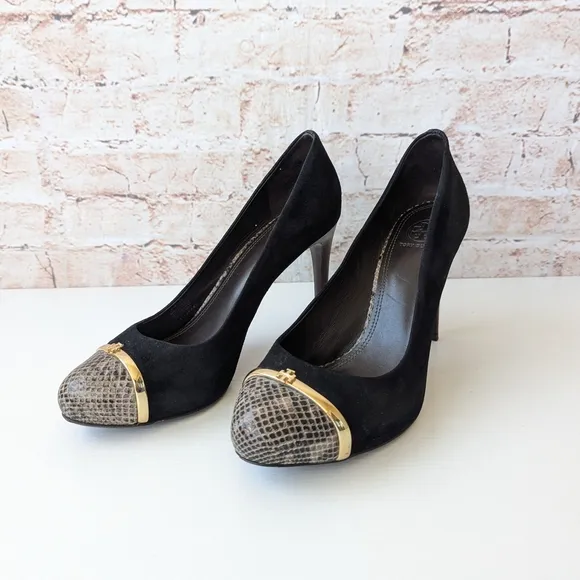 Tory Burch Snake Black, Brown and Gold Heels with Elegant Design