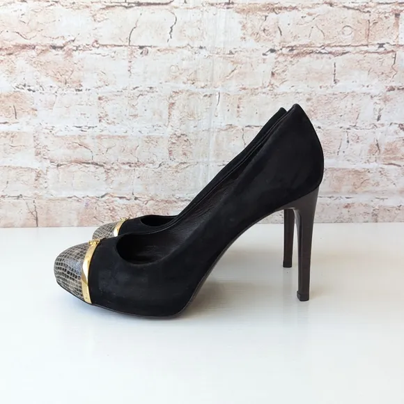 Tory Burch Snake Black, Brown and Gold Heels with Elegant Design
