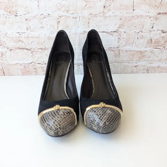 Tory Burch Snake Black, Brown and Gold Heels with Elegant Design