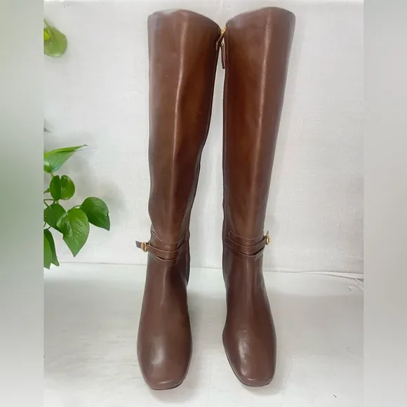 Tory Burch Squared‎ Toe Mid Zip-Up-PerfectBrown Heeled Boot Gold Logo sz 5.5 M