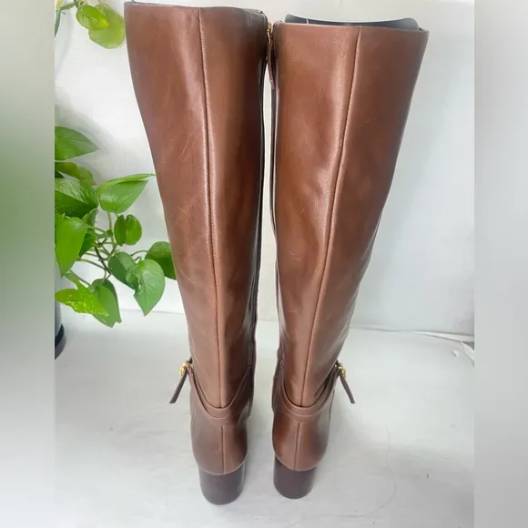 Tory Burch Squared‎ Toe Mid Zip-Up-PerfectBrown Heeled Boot Gold Logo sz 5.5 M