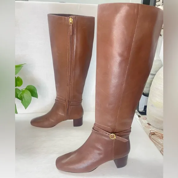 Tory Burch Squared‎ Toe Mid Zip-Up-PerfectBrown Heeled Boot Gold Logo sz 5.5 M