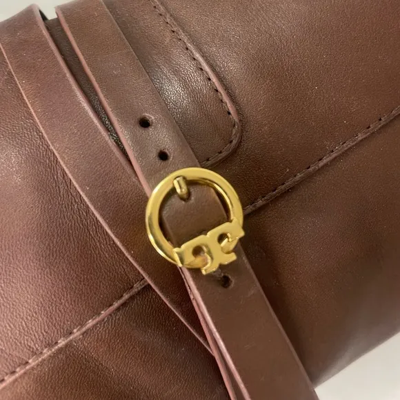 Tory Burch Squared‎ Toe Mid Zip-Up-PerfectBrown Heeled Boot Gold Logo sz 5.5 M