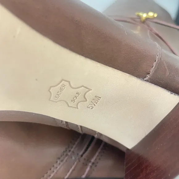 Tory Burch Squared‎ Toe Mid Zip-Up-PerfectBrown Heeled Boot Gold Logo sz 5.5 M