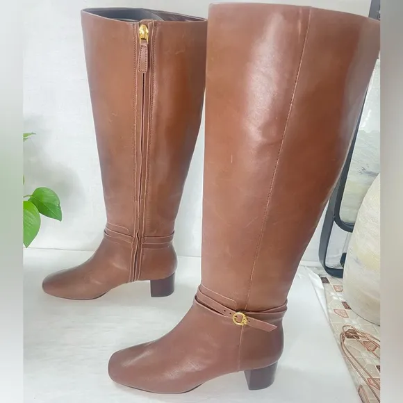 Tory Burch Squared‎ Toe Mid Zip-Up-PerfectBrown Heeled Boot Gold Logo sz 5.5 M