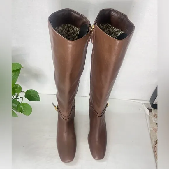 Tory Burch Squared‎ Toe Mid Zip-Up-PerfectBrown Heeled Boot Gold Logo sz 5.5 M