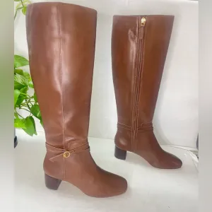 Tory Burch Squared‎ Toe Mid Zip-Up-PerfectBrown Heeled Boot Gold Logo sz 5.5 M