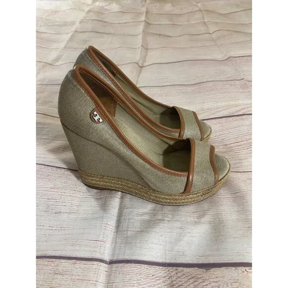 Tory Burch Women's Majorca Open Toe Metallic Wedge Shoes - 37