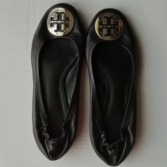 🩷💚⚜️Tory Burch⚜️🩷Black Ballet Flats Double T Signature Leather Shoe Size 8.5