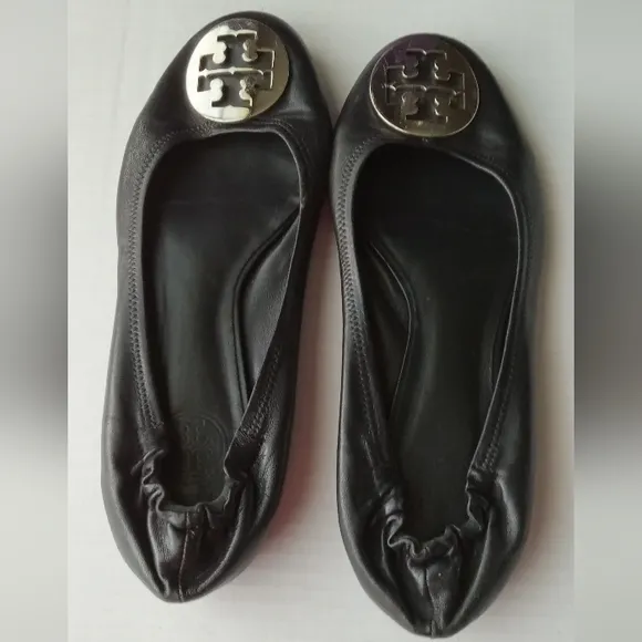 🩷💚⚜️Tory Burch⚜️🩷Black Ballet Flats Double T Signature Leather Shoe Size 8.5