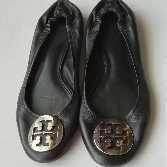 🩷💚⚜️Tory Burch⚜️🩷Black Ballet Flats Double T Signature Leather Shoe Size 8.5