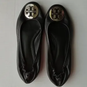 🩷💚⚜️Tory Burch⚜️🩷Black Ballet Flats Double T Signature Leather Shoe Size 8.5