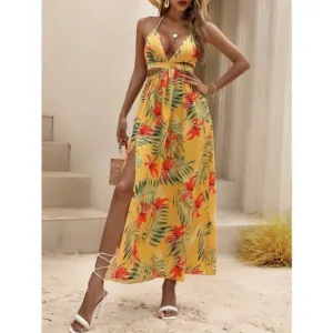 Tropical print thigh slit Maxi dress yellow