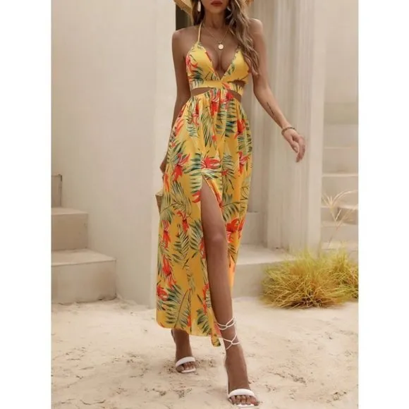 Tropical print thigh slit Maxi dress yellow