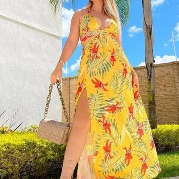 Tropical print thigh slit Maxi dress yellow
