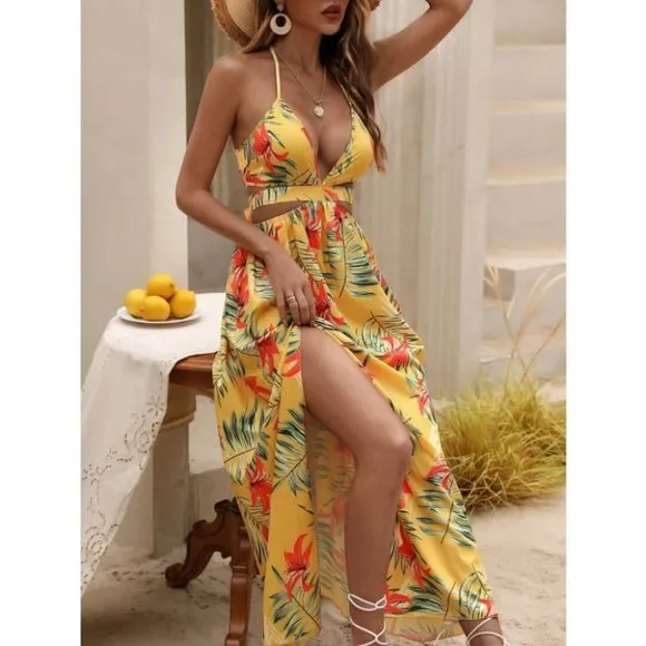 Tropical print thigh slit Maxi dress yellow